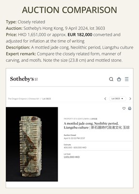 Lot 59 - A RARE AND LARGE THIRTEEN-TIERED GREEN JADE CONG, NEOLITHIC PERIOD, LIANGZHU CULTURE