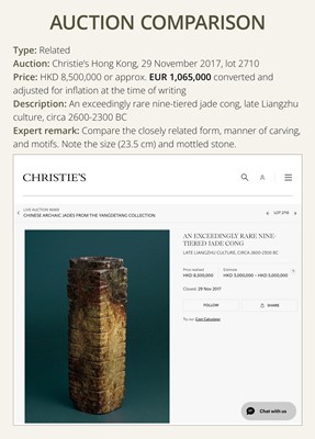 Lot 59 - A RARE AND LARGE THIRTEEN-TIERED GREEN JADE CONG, NEOLITHIC PERIOD, LIANGZHU CULTURE