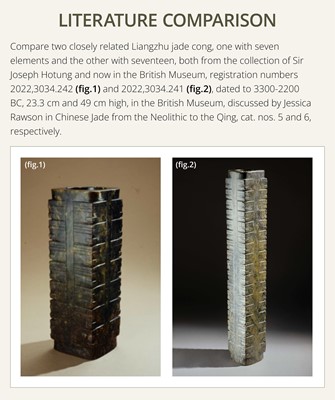 Lot 59 - A RARE AND LARGE THIRTEEN-TIERED GREEN JADE CONG, NEOLITHIC PERIOD, LIANGZHU CULTURE