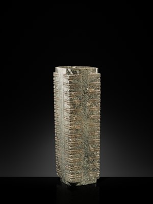 Lot 59 - A RARE AND LARGE THIRTEEN-TIERED GREEN JADE CONG, NEOLITHIC PERIOD, LIANGZHU CULTURE