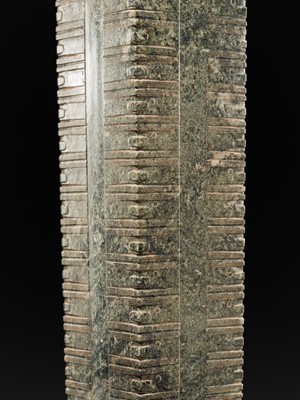 Lot 59 - A RARE AND LARGE THIRTEEN-TIERED GREEN JADE CONG, NEOLITHIC PERIOD, LIANGZHU CULTURE