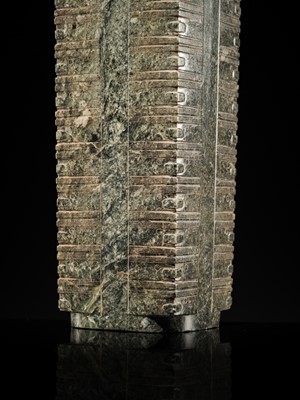 Lot 59 - A RARE AND LARGE THIRTEEN-TIERED GREEN JADE CONG, NEOLITHIC PERIOD, LIANGZHU CULTURE