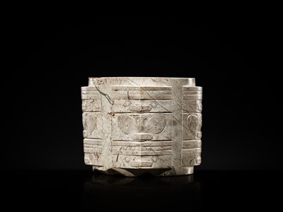Lot 58 - AN EXTREMELY RARE THREE-TIERED IVORY-WHITE JADE CONG, LIANGZHU CULTURE
