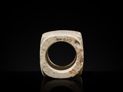 Lot 58 - AN EXTREMELY RARE THREE-TIERED IVORY-WHITE JADE CONG, LIANGZHU CULTURE