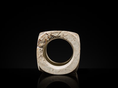 Lot 58 - AN EXTREMELY RARE THREE-TIERED IVORY-WHITE JADE CONG, LIANGZHU CULTURE