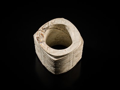 Lot 58 - AN EXTREMELY RARE THREE-TIERED IVORY-WHITE JADE CONG, LIANGZHU CULTURE