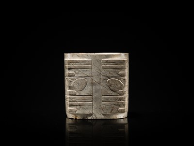 Lot 58 - AN EXTREMELY RARE THREE-TIERED IVORY-WHITE JADE CONG, LIANGZHU CULTURE