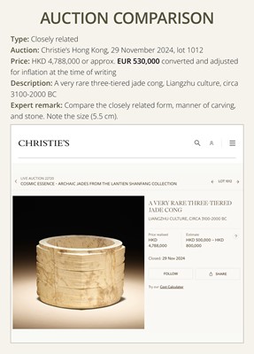 Lot 58 - AN EXTREMELY RARE THREE-TIERED IVORY-WHITE JADE CONG, LIANGZHU CULTURE