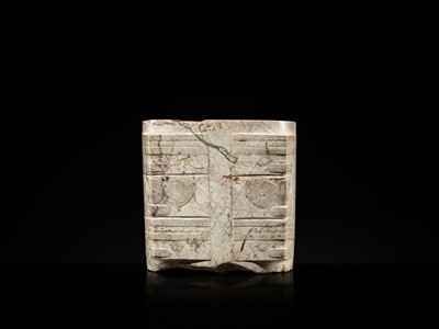 Lot 58 - AN EXTREMELY RARE THREE-TIERED IVORY-WHITE JADE CONG, LIANGZHU CULTURE