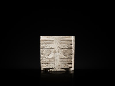 Lot 58 - AN EXTREMELY RARE THREE-TIERED IVORY-WHITE JADE CONG, LIANGZHU CULTURE
