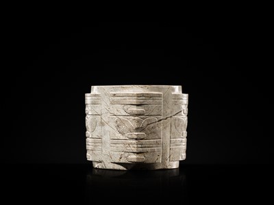Lot 58 - AN EXTREMELY RARE THREE-TIERED IVORY-WHITE JADE CONG, LIANGZHU CULTURE