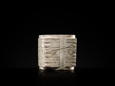 Lot 58 - AN EXTREMELY RARE THREE-TIERED IVORY-WHITE JADE CONG, LIANGZHU CULTURE