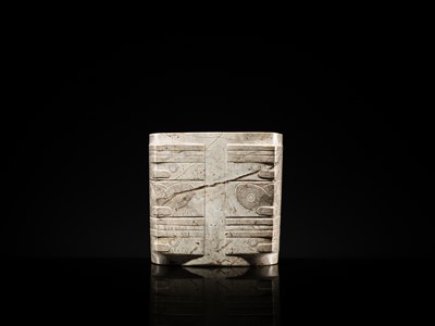 Lot 58 - AN EXTREMELY RARE THREE-TIERED IVORY-WHITE JADE CONG, LIANGZHU CULTURE