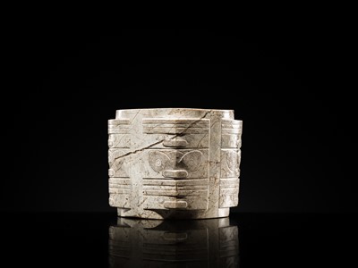Lot 58 - AN EXTREMELY RARE THREE-TIERED IVORY-WHITE JADE CONG, LIANGZHU CULTURE