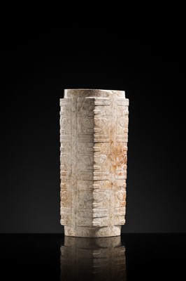 Lot 218 - A RARE TIERED MOTTLED JADE CONG, LIANGZHU CULTURE
