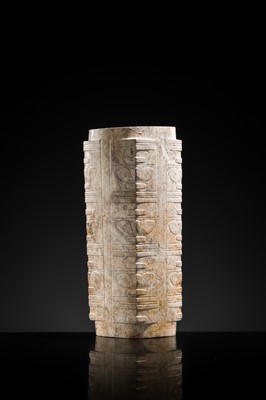 Lot 218 - A RARE TIERED MOTTLED JADE CONG, LIANGZHU CULTURE