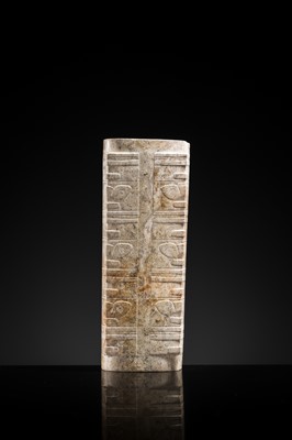 Lot 218 - A RARE TIERED MOTTLED JADE CONG, LIANGZHU CULTURE
