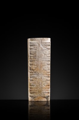 Lot 218 - A RARE TIERED MOTTLED JADE CONG, LIANGZHU CULTURE