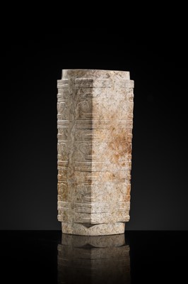 Lot 218 - A RARE TIERED MOTTLED JADE CONG, LIANGZHU CULTURE