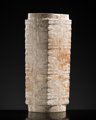Lot 218 - A RARE TIERED MOTTLED JADE CONG, LIANGZHU CULTURE