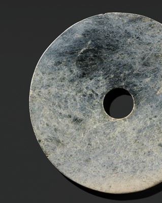 Lot 224 - A BLUE-GRAY JADE BI DISK, NEOLITHIC PERIOD, LIANGZHU CULTURE