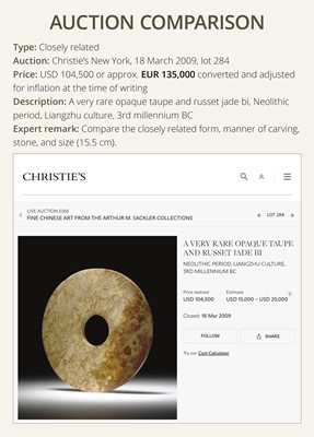 Lot 57 - A RARE OPAQUE IVORY-WHITE JADE DISK, BI, NEOLITHIC PERIOD, LIANGZHU CULTURE