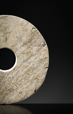 Lot 57 - A RARE OPAQUE IVORY-WHITE JADE DISK, BI, NEOLITHIC PERIOD, LIANGZHU CULTURE