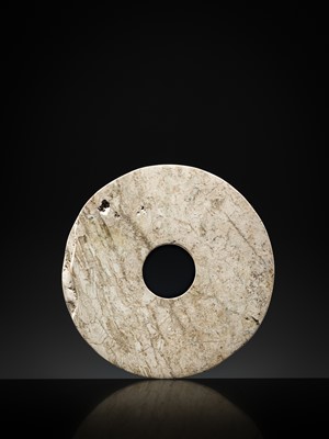 Lot 57 - A RARE OPAQUE IVORY-WHITE JADE DISK, BI, NEOLITHIC PERIOD, LIANGZHU CULTURE