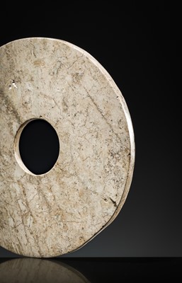 Lot 57 - A RARE OPAQUE IVORY-WHITE JADE DISK, BI, NEOLITHIC PERIOD, LIANGZHU CULTURE