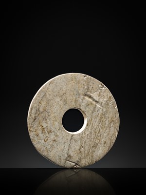 Lot 57 - A RARE OPAQUE IVORY-WHITE JADE DISK, BI, NEOLITHIC PERIOD, LIANGZHU CULTURE
