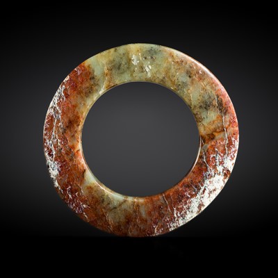 Lot 213 - A CELADON AND RUSSET JADE BANGLE, NEOLITHIC PERIOD, LIANGZHU CULTURE