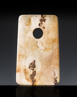 Lot 215 - AN OPAQUE IVORY-COLORED JADE AXE, YUE, NEOLITHIC PERIOD, LIANGZHU CULTURE