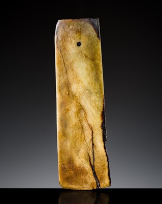 Lot 221 - A CELADON AND BROWN JADE AXE, NEOLITHIC PERIOD