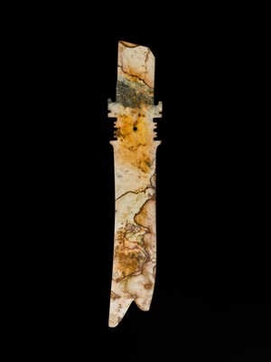 Lot 66 - A LARGE (47 CM) AND EXCEPTIONAL ‘CLOUDED’ JADE CEREMONIAL BLADE, ZHANG, SHANG DYNASTY