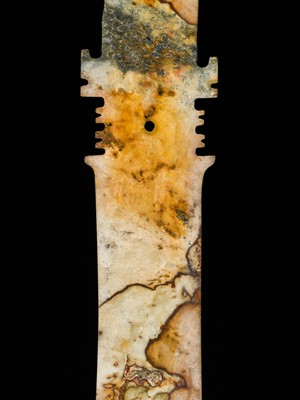 Lot 66 - A LARGE (47 CM) AND EXCEPTIONAL ‘CLOUDED’ JADE CEREMONIAL BLADE, ZHANG, SHANG DYNASTY