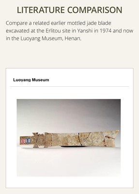 Lot 66 - A LARGE (47 CM) AND EXCEPTIONAL ‘CLOUDED’ JADE CEREMONIAL BLADE, ZHANG, SHANG DYNASTY