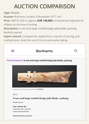 Lot 66 - A LARGE (47 CM) AND EXCEPTIONAL ‘CLOUDED’ JADE CEREMONIAL BLADE, ZHANG, SHANG DYNASTY