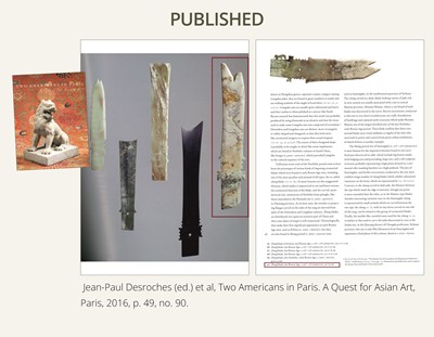Lot 66 - A LARGE (47 CM) AND EXCEPTIONAL ‘CLOUDED’ JADE CEREMONIAL BLADE, ZHANG, SHANG DYNASTY