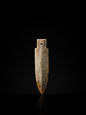 Lot 68 - A RARE JADE ‘TAOTIE’ CEREMONIAL DAGGER-AXE, GE, LATE SHANG DYNASTY, ANYANG PHASE
