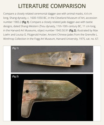 Lot 68 - A RARE JADE ‘TAOTIE’ CEREMONIAL DAGGER-AXE, GE, LATE SHANG DYNASTY, ANYANG PHASE