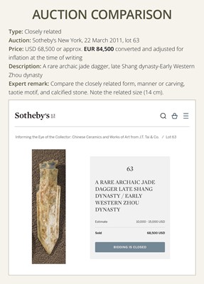 Lot 68 - A RARE JADE ‘TAOTIE’ CEREMONIAL DAGGER-AXE, GE, LATE SHANG DYNASTY, ANYANG PHASE