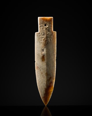 Lot 68 - A RARE JADE ‘TAOTIE’ CEREMONIAL DAGGER-AXE, GE, LATE SHANG DYNASTY, ANYANG PHASE