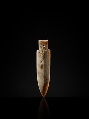 Lot 68 - A RARE JADE ‘TAOTIE’ CEREMONIAL DAGGER-AXE, GE, LATE SHANG DYNASTY, ANYANG PHASE