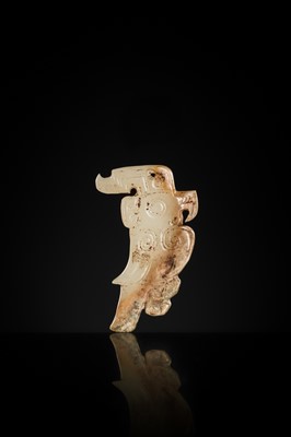 Lot 71 - A RARE PALE GREENISH-WHITE AND RUSSET JADE ‘BIRD’ PENDANT, LATE SHANG DYNASTY, 13TH-11TH CENTURY BC