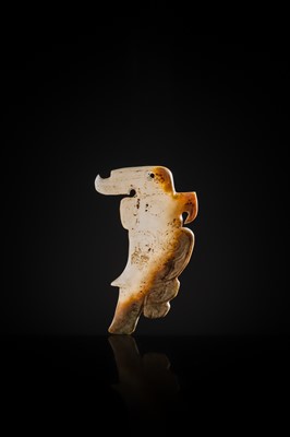 Lot 71 - A RARE PALE GREENISH-WHITE AND RUSSET JADE ‘BIRD’ PENDANT, LATE SHANG DYNASTY, 13TH-11TH CENTURY BC