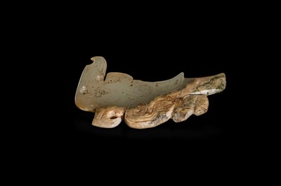 Lot 71 - A RARE PALE GREENISH-WHITE AND RUSSET JADE ‘BIRD’ PENDANT, LATE SHANG DYNASTY, 13TH-11TH CENTURY BC