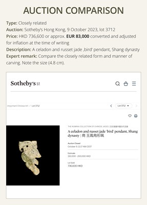 Lot 71 - A RARE PALE GREENISH-WHITE AND RUSSET JADE ‘BIRD’ PENDANT, LATE SHANG DYNASTY, 13TH-11TH CENTURY BC