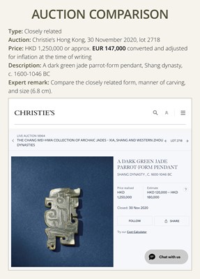 Lot 71 - A RARE PALE GREENISH-WHITE AND RUSSET JADE ‘BIRD’ PENDANT, LATE SHANG DYNASTY, 13TH-11TH CENTURY BC