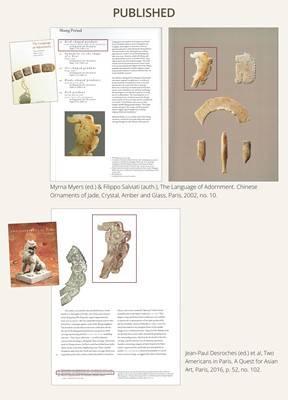 Lot 71 - A RARE PALE GREENISH-WHITE AND RUSSET JADE ‘BIRD’ PENDANT, LATE SHANG DYNASTY, 13TH-11TH CENTURY BC
