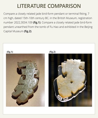Lot 71 - A RARE PALE GREENISH-WHITE AND RUSSET JADE ‘BIRD’ PENDANT, LATE SHANG DYNASTY, 13TH-11TH CENTURY BC
